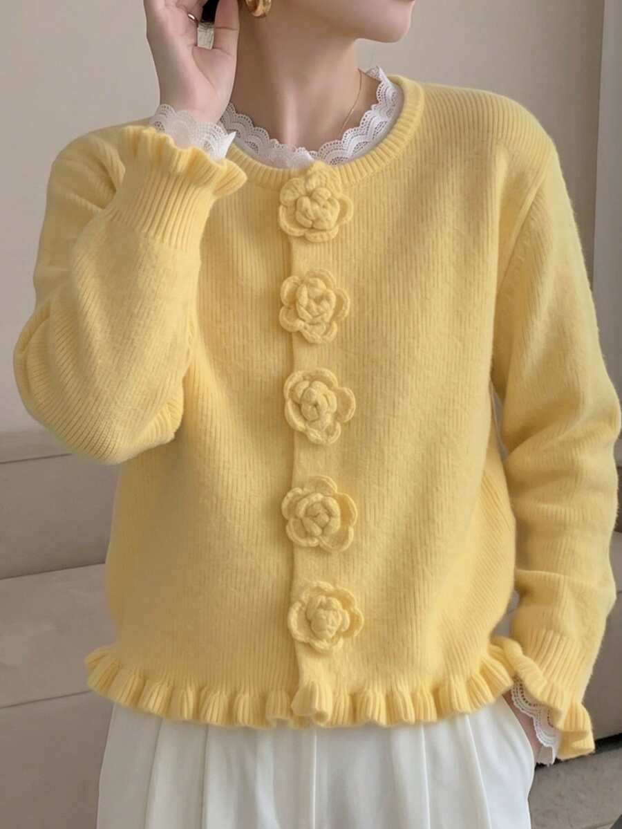 JIANHU Spring New Floral Button Frayed Knit Cardigan, Women Loose Sweet Elegant Jacket, Versatile Long Sleeve Sweater - Yellow - View 1