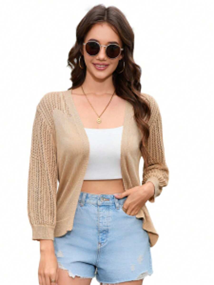 Yesfashion Damen Kurz Strickjacke Elegant Langarm Offene Front Sommer Basic Cardigan Casual - Aprikosenfarben - Übersicht 1