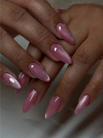 24pcs Y2K Style Long Almond Shiny Nail Stickers, Pink Crystal Cat Eye Acrylic Fake Nails With 1pc Jelly Gel And 1pc Nail File, Perfect Fit For Women Daily Work And Party, Sparkling Cat Eye Nails Nail Supplies