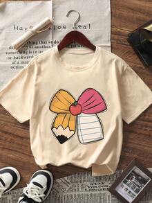 [Back To School] 1件女童青少年印花短袖T恤，學生青少年服飾，夏季送給女童青少年的禮物 - 杏色 - 查看 3
