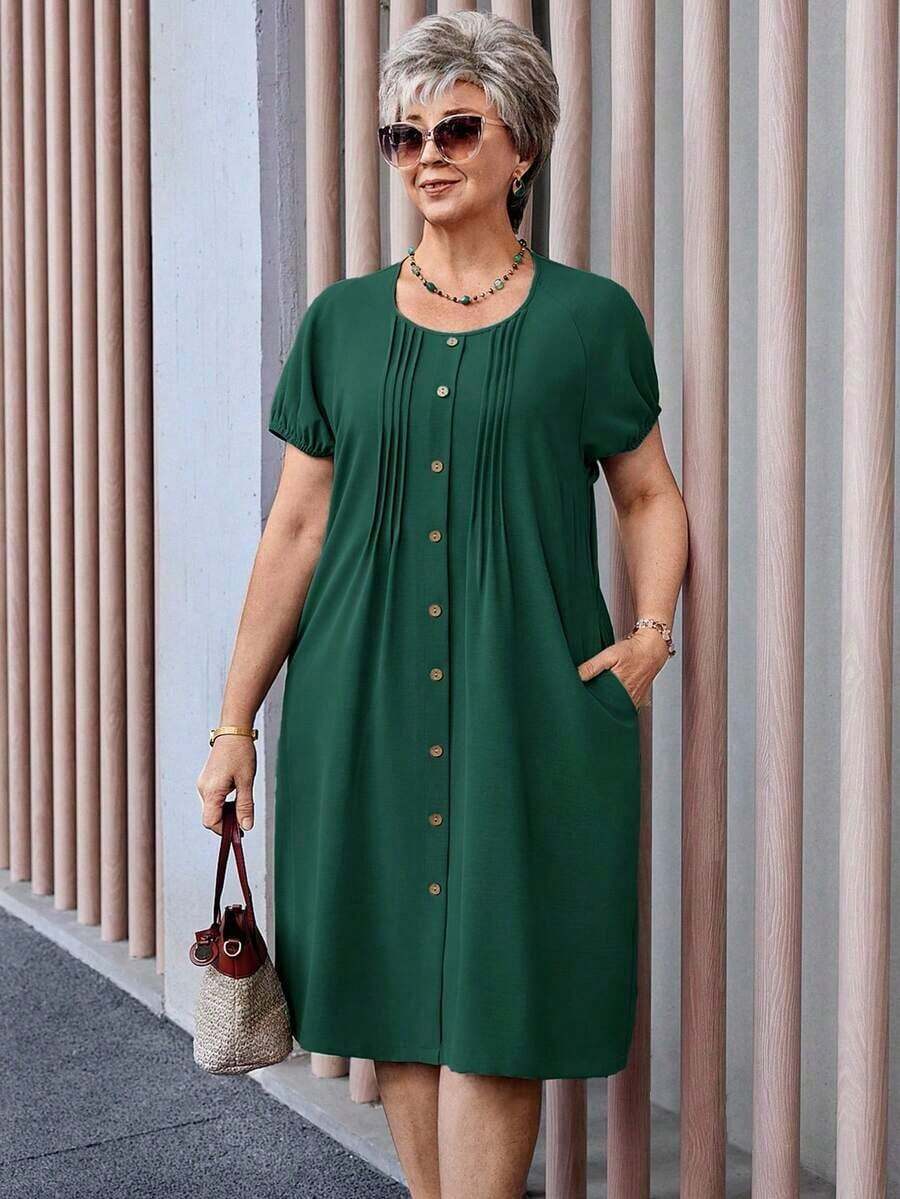 Vestido casual plisado de manga raglán de cuello redondo y manga corta de unicolor talla grande - Verde Oscuro - Ver 1