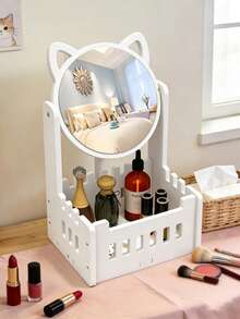 1pc Cute Vanity Makeup Mirror, Tabletop Dressing Mirror With Storage Box, Rotating Cosmetic Mirror For Home & Dorm - White - View 2