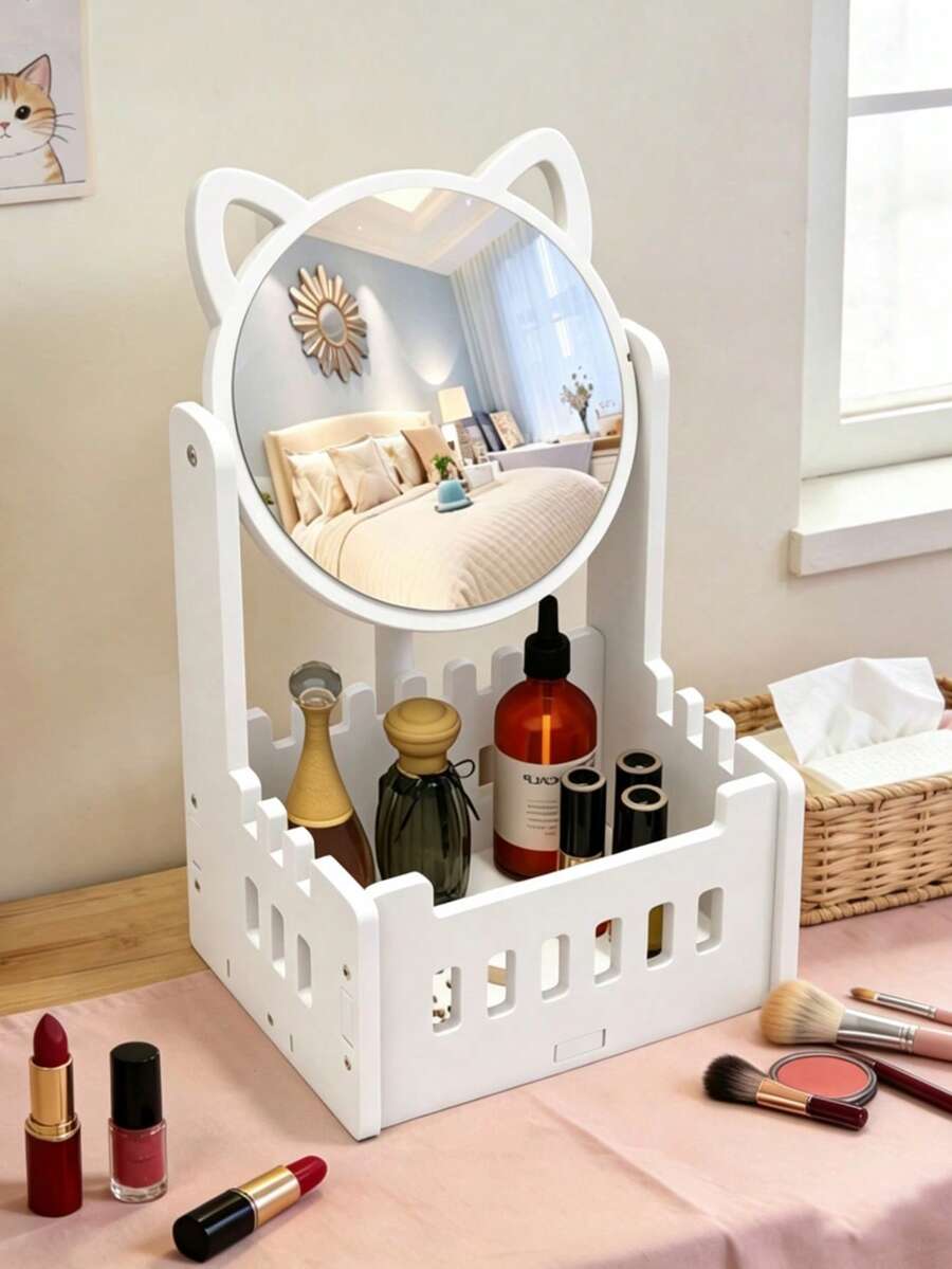 1pc Cute Vanity Makeup Mirror, Tabletop Dressing Mirror With Storage Box, Rotating Cosmetic Mirror For Home & Dorm - White - View 1