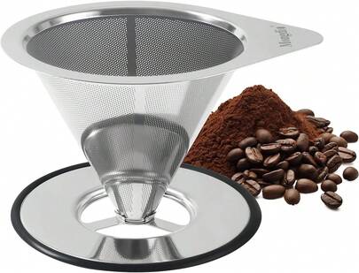 Mongdio Pour Over Coffee Dripper, Stainless Steel Coffee Dripper, Reusable Metal Coffee Filter, Double Mesh Design Of Pour Over Coffee Maker With Removable Base, 1-2 Cups