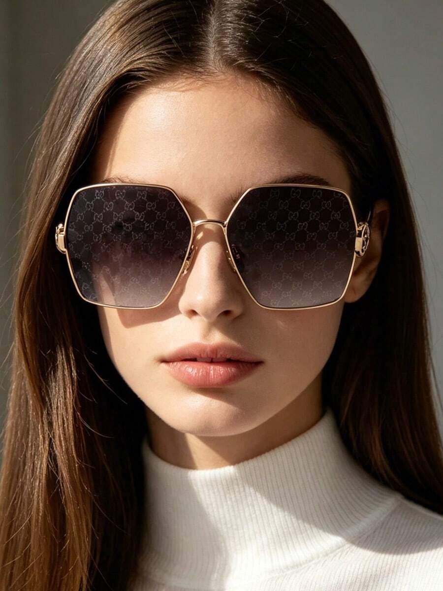 Gafas de moda vintage de metal con forma poligonal para mujer, montura dorada, lentes degradadas grises, elegantes GUCCI GG2163S-001 61 - Camel - Ver 1