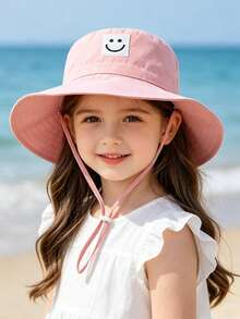 2 piezas Sombrero de cubo de protección solar de verano para niños con parche de cara sonriente de unicolor y correa para la barbilla - Rosa claro + rojo rosado (parche con carita sonriente) - Ver 2