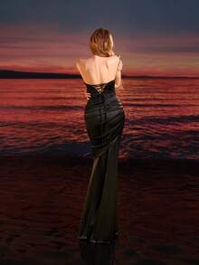 Sexy Women's Pleated Bandeau Black Waist Net Splice Backless Criss-Cross Tie Back Maxi Formal Evening Gown Wedding Party - Black - View 7