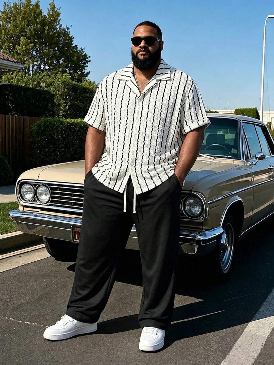 Plus Size Men's Casual Textured Shirt, Black & White Contrast Color Plus Size Men's Wear, Summer - Black and White - View 1