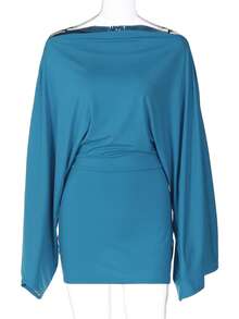 Women's Solid Color Elegant Off Shoulder Casual Formal Evening Party Wedding Holiday Mini Dress, Spring/Summer - 藍色 - 查看 6