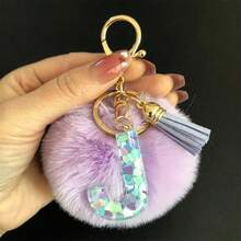 1pc Women's Capital Initial Keychain, Resin Letter, Purple Furball Tassel Keyring, Colorful Heart Sequin Charm, Gift For Friends And Girlfriends - Mauve Purple - View 37