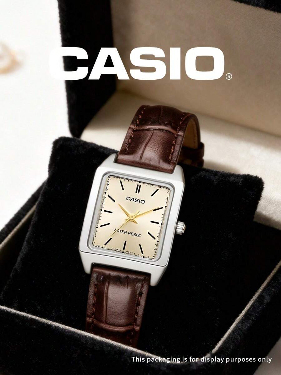 Casio Women's Retro Rectangle Watch LTP-V007L-9E Champagne Gold Dial Baton Marker Gold Hands Brown Leather Strap Water Resistant Japanese Quartz Warm Toned Vintage Style Ladies Wristwatch for Date Night Dinner Party City Walk Holiday Travel Gift for Sisterle Collague - 金色 - 查看 1