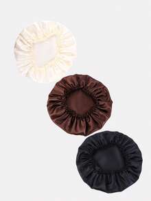 3pcs Women's Solid Color Lace Satin Sleep Cap, Faux Silk Hair Care Cap For Daily Use,Holiday,Festival - Black/Coffee/Khaki - View 6
