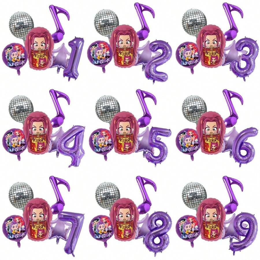 Globos decorativos autorizados del tema del grupo de chicas de K-Pop Witch Girl para fiesta de cumpleaños, conjunto de decoración de globos para fiesta de cumpleaños de niña, festival de música, incluye globos de papel de aluminio morados y globos con números, adecuado para decoraciones de mesa de pastel de bautizo de bebé, juguetes de globos - TZQQ - Ver 1