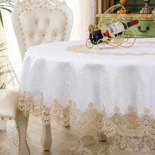 HXARTMIS 1 Stück luxuriöse, elegante beige Tischdecke mit floraler Stickerei und Kante, dekorative runde Tischdecke für den Esstisch, schützende runde Tischdecke - Weiss - Übersicht 9