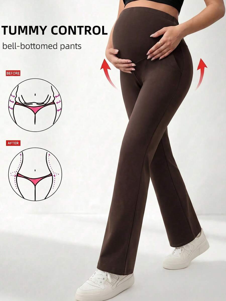 Maternity Knit Fabric High Elasticity Long Flare Pants, With Pockets, Tummy Control And Hip Lifting, Comfortable And Fashionable For Pregnancy - Brown - View 1
