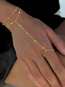 1pc Fashionable Personalized Minimalist Metal Lip-Shaped Double-Layer Linked Finger Ring Bracelet, Versatile, Great Gift Suitable For Daily Wear - Gold-1 - View 4