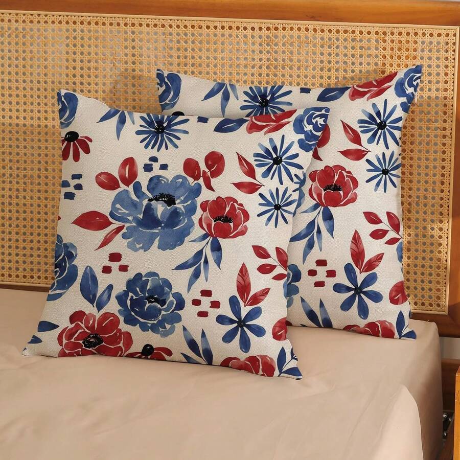 2PCS July 4th Patriotic Floral Pillowcase, Red And Blue Watercolor Flower Decorative Pillowcase, Independence Day Home Decor, Single-Sided, Pillow Insert Not Included - Two-piece Set In Multiple Colors - View 1