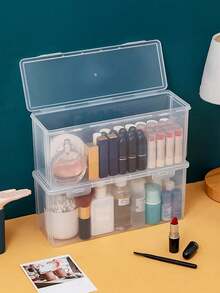 1 pieza Caja de almacenamiento de cosméticos de escritorio transparente, organizador a prueba de polvo para herramientas de maquillaje, adecuado para mesa de vestir, lápiz labial, brillo de labios - transparente - Ver 1