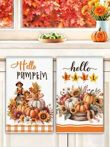 2pcs Pumpkin Autumn Hand Towels, Thanksgiving Gift, Kitchen Decor Towels With Pumpkin & Maple Leaf Embroidery, Suitable For Drying, Cleaning, Cooking, Holidays - Multicolor - View 1