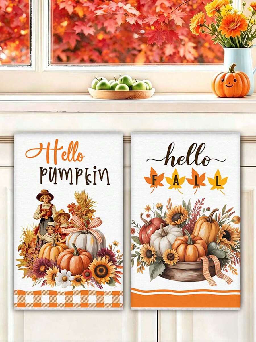 2pcs Pumpkin Autumn Hand Towels, Thanksgiving Gift, Kitchen Decor Towels With Pumpkin & Maple Leaf Embroidery, Suitable For Drying, Cleaning, Cooking, Holidays - Multicolor - View 1