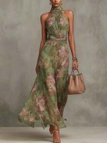 Elegant Women Green Floral Jacquard Halter Neck Long A Line Dress Sleeveless Slit Formal Events Mother Day High Waist Bodycon Maxi Dresses Party Wedding Guest - 綠色 - 查看 3