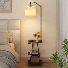Mesa Auxiliar con Lámpara de Pie, Mesa de Sofa Cama Forma de C, Mesa para Sala con Lámpara de Piso 3 Temperaturas de Color, Mesita de Noche con Estación de Carga, Mesa Lateral para Recamara - Rístico - Ver 7