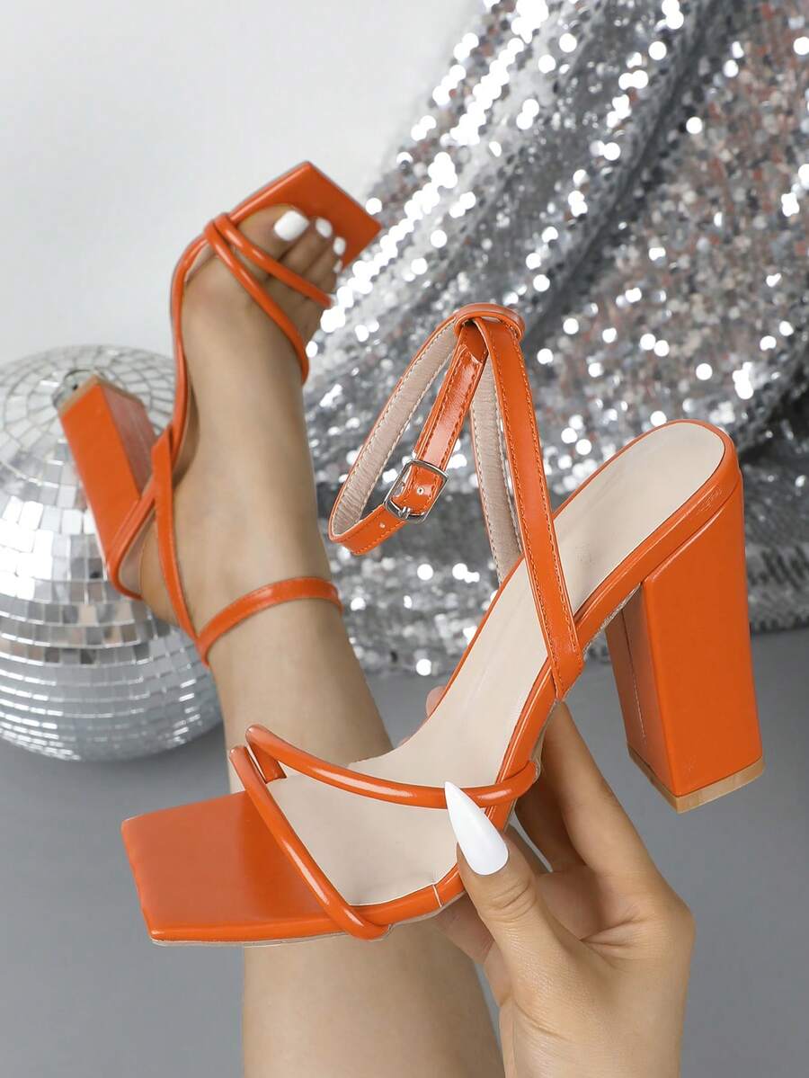 Women's Fashionable Sexy Square Toe Chunky Heel Sandals - Orange - View 1