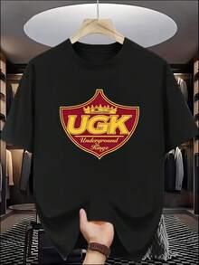[Camiseta inspirada no Hip-Hop] Camiseta masculina UGK Underground Kingz com estampa gráfica | Preta com logo em escudo vermelho/amarelo, camiseta casual de manga curta para o verão, modelagem regular, peça inspirada no Hip-Hop, camiseta hip-hop, roupa para fãs de música. - Preto - Ver 6