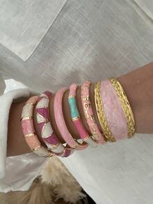 1pc Coastal Vacation Style Pink Enamel Bangle, Luxury Niche Design Starfish & Shell Decor Multi-Layer Bracelet For Women - Gold Pink - View 3
