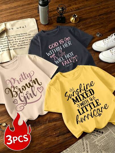 3pcs Girls Minimalist Slogan Print Round Neck T-Shirts, Suitable For Girls Daily Fashion And Comfort, New Summer 3 PiecesSet
