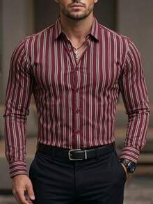 Officeau Men's Business Striped Contrast Color Single-Breasted Long Sleeve Shirt - Red - View 3
