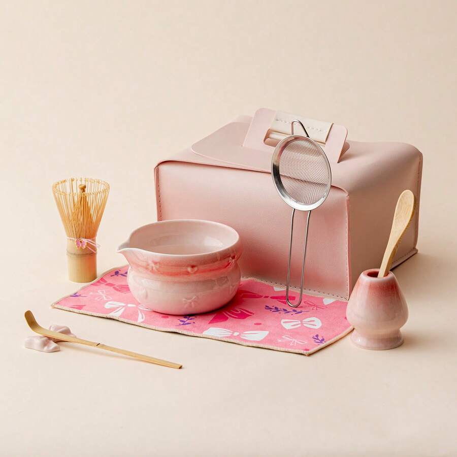 5/8pcs Japanese Matcha Whisk Set, Butterfly & Heart Textured, Pink Storage Pouch, Matcha Preparation Tools, Middle Eastern Style, Suitable For Personal Use, Valentine's Day, Christmas, Thanksgiving, Graduation Gifts