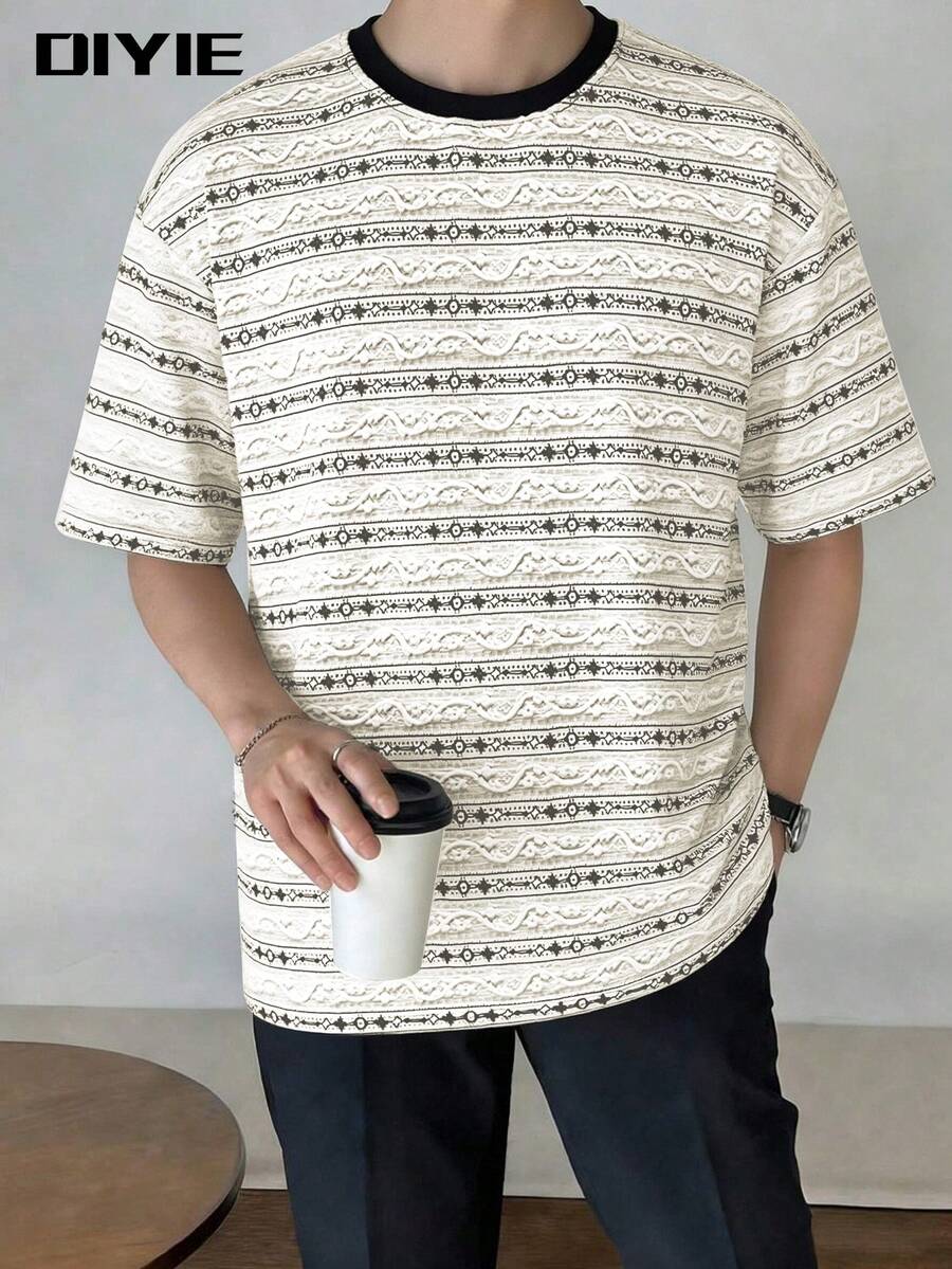 Camiseta de manga corta con textura de ajuste holgado y casual para hombre, camiseta de manga corta con textura de estilo de viaje, camiseta de manga corta con textura casual y madura para el viaje diario - Blanco y Negro - Ver 1