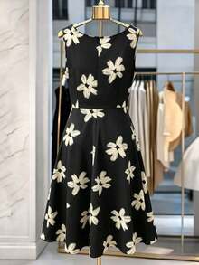 CURVE Vestido casual de primavera temprana con cuello drapeado, sin mangas, cintura con lazo y lunares negros clásicos para mujer de talla grande - Negro - Ver 2