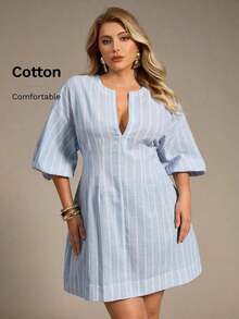 Auralis Vestido blanco para mujer de talla grande, vestido de manga media, atuendos de vacaciones para mujer, vestidos casuales para mujer, vestidos modestos para mujer, mini faldas, vestido para salir, vestido lindo/vestido de talla grande de cuello redondo y escote en V con manga abullonada/falda de línea A/ropa de oficina elegante/estilo seductor/ropa de alta gama para banquetes de talla grande, vestidos casuales de talla grande, vestidos de talla grande, ropa de talla grande para mujer, vestido de picnic de talla grande, vestido casual de talla grande para mujeres - Azul y blanco - Ver 7