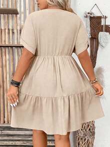 Vestido casual de unicolor con cuello en V profundo y mangas tipo murciélago para mujer de talla grande - Albaricoque 2 - Ver 2