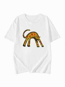 Women's Fashion Casual Loose Fit Cartoon Cat Print Short SleeveT-Shirt, Versatile For Summer White - White - View 7