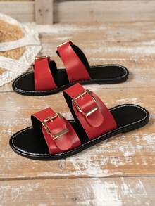 2026 New Summer Fashion Buckle Open Toe Flat Beach Sandals, Suitable For Beach Vacation, Home Leisure, Shopping, Retro Style Minimalist Sandals - Red - View 5