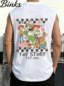 Men's Toy Story EST. 1995 Group Character Checkered Sleeveless Tank Top Retro Disney Muscle Tee - 白色 - 查看 2