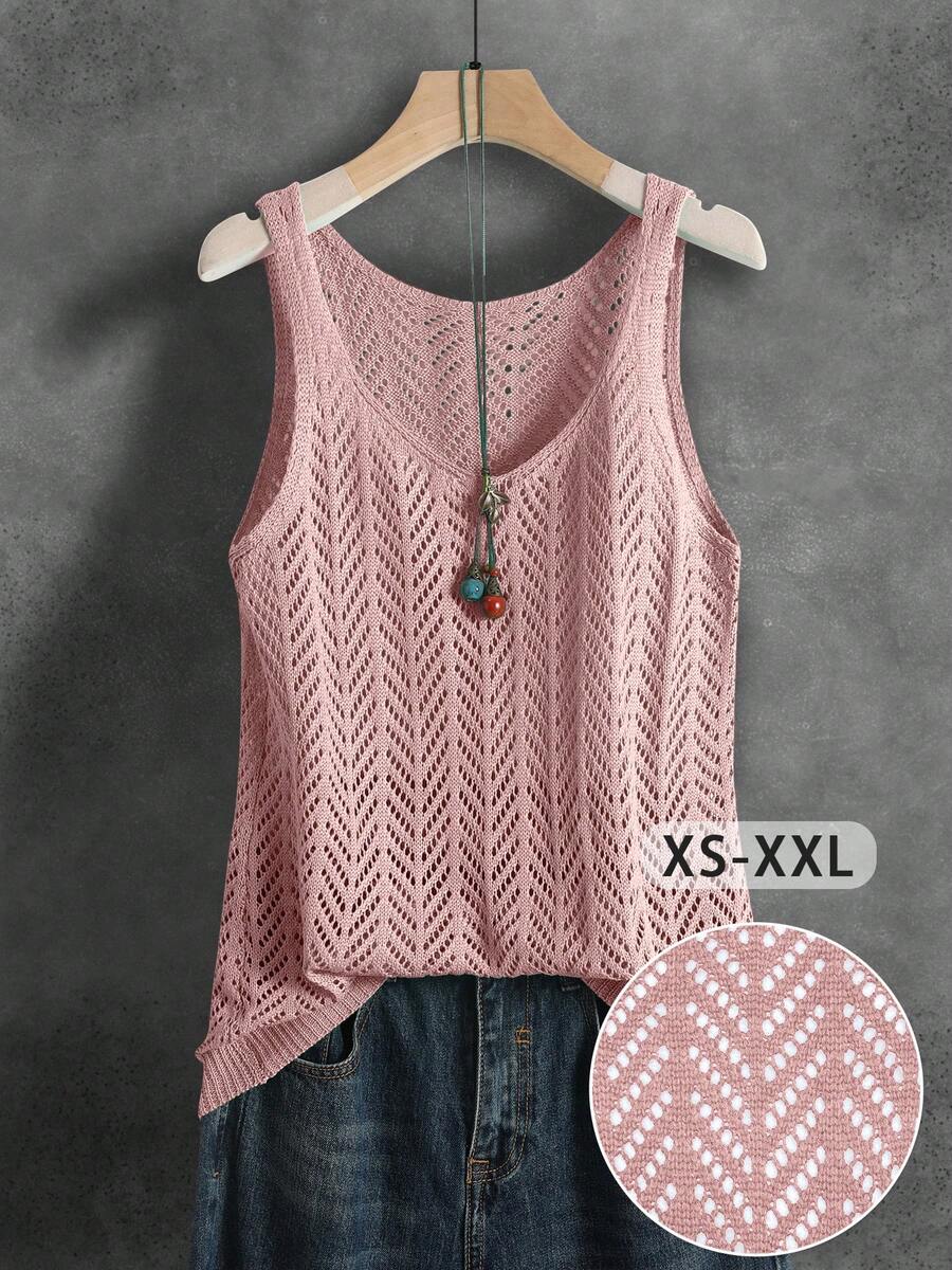 Women's Summer Hollow Breathable Versatile Solid Color Knitted Openwork Ribbed Sleeveless Vest, Suitable For Sports, Fitness, Daily Wear, Summer Vacation, Casual, Unisex, Soft And Comfortable, Spring/Summer Pink - Pink - View 1