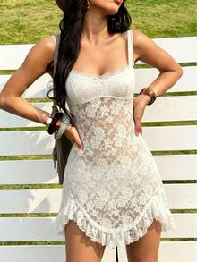 Women's Summer Dress, Sexy Asymmetrical Elegant Lace Semi-Sheer Mini Dress, Perfect For Vacation Or Travel. - 白色 - 查看 4