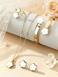 Set de 5 piezas con collar, aretes, pulsera y anillo con diseño de trébol de cuatro hojas de la suerte - Blanco - Ver 6