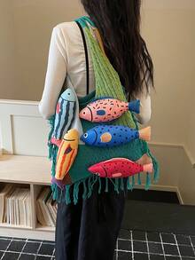 1pc Colorblock Fish Design Large Capacity Shoulder Tote Bag, Fashionable Crochet Bag, Bohemian Style Beach Vacation Daily Use For Women - Green - View 3