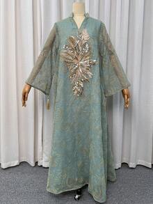 女款亮片刺繡V領洋裝，優雅A字版型長袖洋裝，適合派對、婚禮賓客，穆斯林女士四季穿搭，秋季適用 - 薄荷綠 - 查看 7