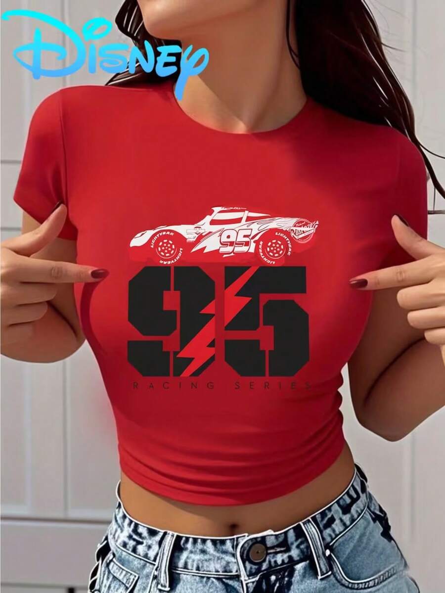 Disney Authorized -Y2K "Racing Story" 95 Lightning McQueen Pattern Summer Short Round Neck Short T-Shirt-Casual Sports Short Sleeves, Suitable For Spring/Summer Wear, Fashionable Women's Wear. - Red - View 1