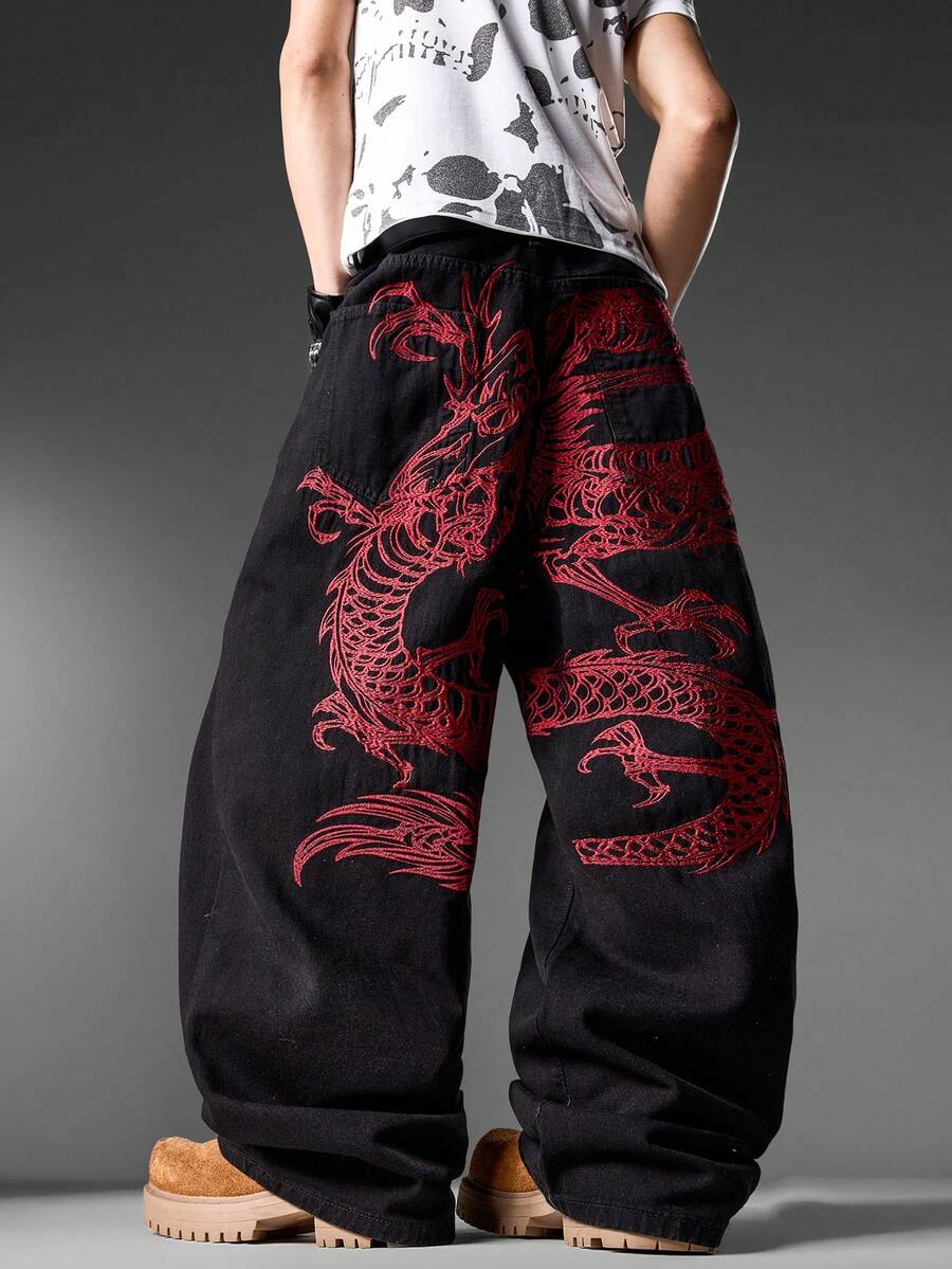 Jeans de pierna ancha para hombre estilo calle coreana, bordado de dragón negro en la parte trasera, denim holgado y casual de nicho, pantalones diarios para todas las estaciones (cinturón y accesorios no incluidos) - Negro - Ver 1