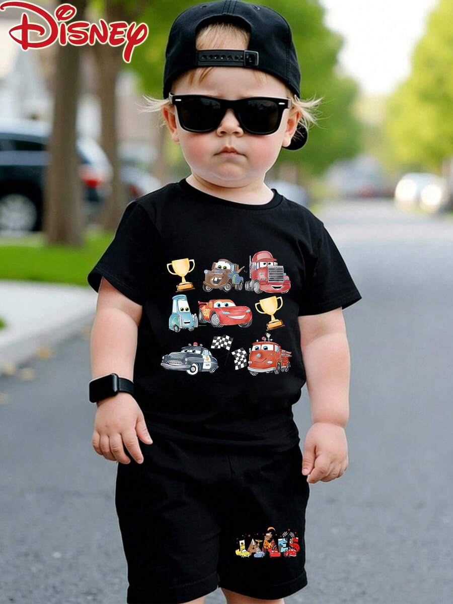 Disney Boys Baby 2-Piece Short-Sleeve T-Shirt & Shorts Set, Cars All Characters Print, Cute & Comfortable Breathable Skin-Friendly Kids Summer Sportswear Outfit, Casual Pullover Tops, Ropa De Bebe - màu đen - Xem 1