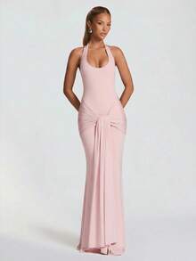 Elegant Sexy Halter Neck Ruched Waist Party Dress, Fashionable Cocktail Gown For Formal Events, Mermaid Style Long Cocktail Dress, Bridesmaid Or Guest Dress, Soft And Stretchy Fabric For Sexy Fitted Silhouette Wedding Pink - Màu xanh nhạt - Xem 1