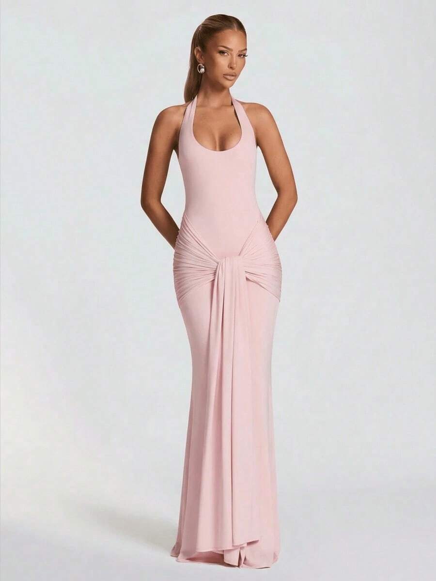Elegant Sexy Halter Neck Ruched Waist Party Dress, Fashionable Cocktail Gown For Formal Events, Mermaid Style Long Cocktail Dress, Bridesmaid Or Guest Dress, Soft And Stretchy Fabric For Sexy Fitted Silhouette Wedding Pink - Màu xanh nhạt - Xem 1