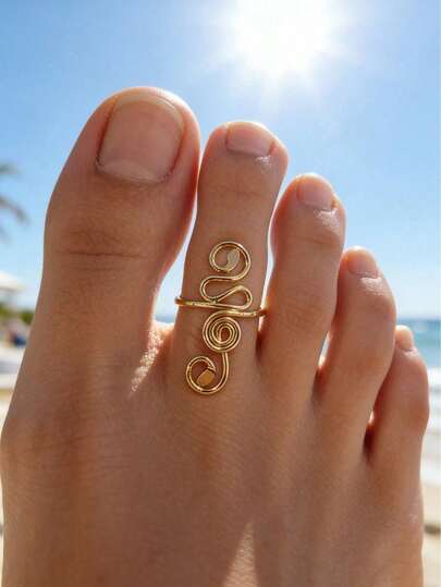 1pc Summer Bohemian Style New Copper Personality Minimalist Twisted Adjustable Toe Ring, Open Tail Ring Adjustable, Women's Jewelry Accessory, Suitable For Daily Wear, Beach Vacation, Travel, Women's Daily Decoration, Outfit Matching, Dating, Party, Holiday Gift